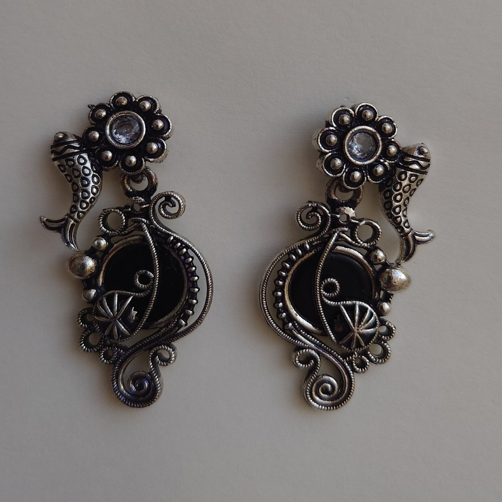 Black stone fish oxidised silver earrings
