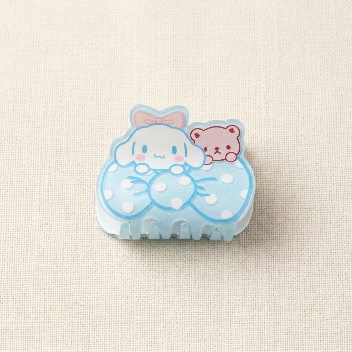Cute cartoon character with a bow and teddy bear on a light beige background