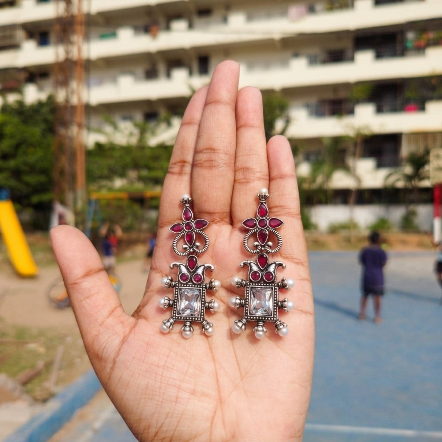 Ruby Royale Oxidised Earrings