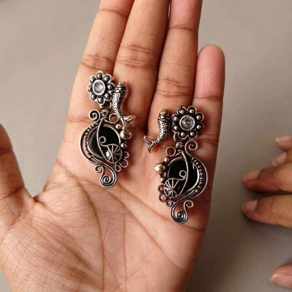 Black stone fish oxidised silver earrings