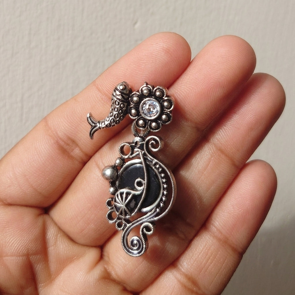 Black stone fish oxidised silver earrings