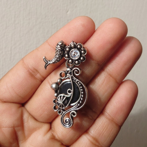 Black stone fish oxidised silver earrings